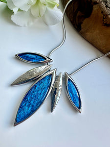 lusciousscarves Miss Milly Vibrant Blue and Silver Resin Leaf Necklace . FN551