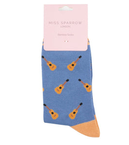 lusciousscarves Miss Sparrow Acoustic Guitars Design Bamboo Socks, Blue