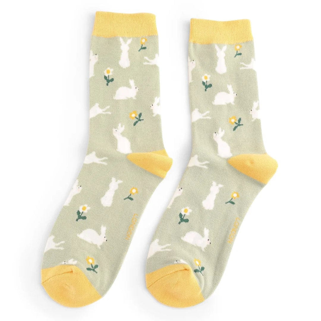 lusciousscarves Miss Sparrow Bunny Rabbits and Daises Design Bamboo Socks , Ladies , Mint Green