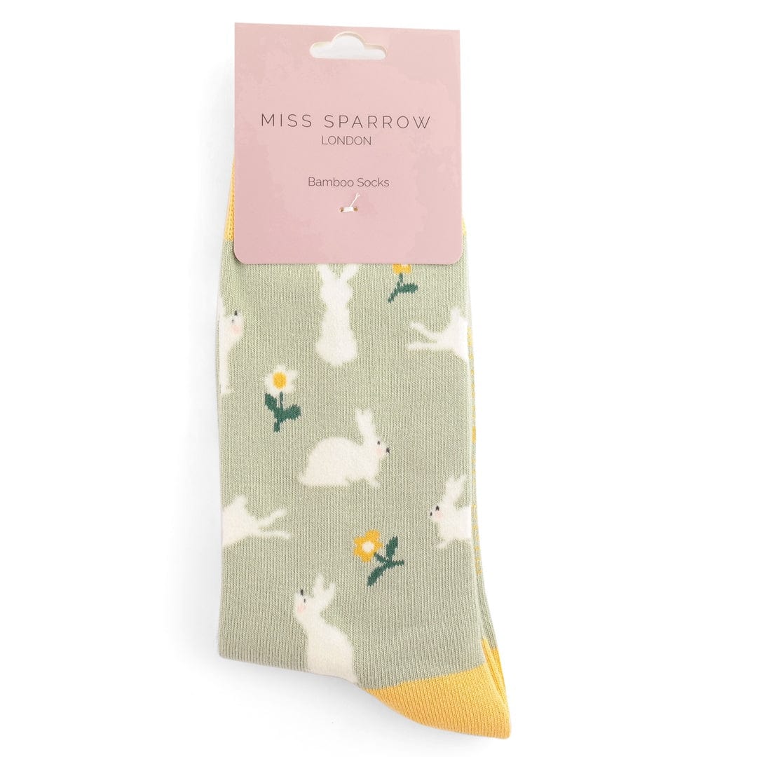 lusciousscarves Miss Sparrow Bunny Rabbits and Daises Design Bamboo Socks , Ladies , Mint Green