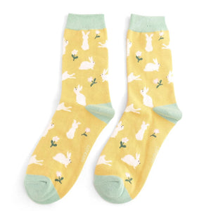 lusciousscarves Miss Sparrow Bunny Rabbits and Daises Design Bamboo Socks , Ladies , Yellow