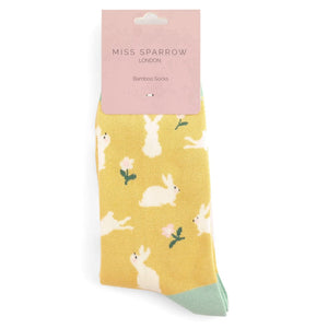 lusciousscarves Miss Sparrow Bunny Rabbits and Daises Design Bamboo Socks , Ladies , Yellow