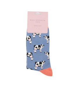 lusciousscarves Miss Sparrow, Cow's Design Bamboo Socks - Blue