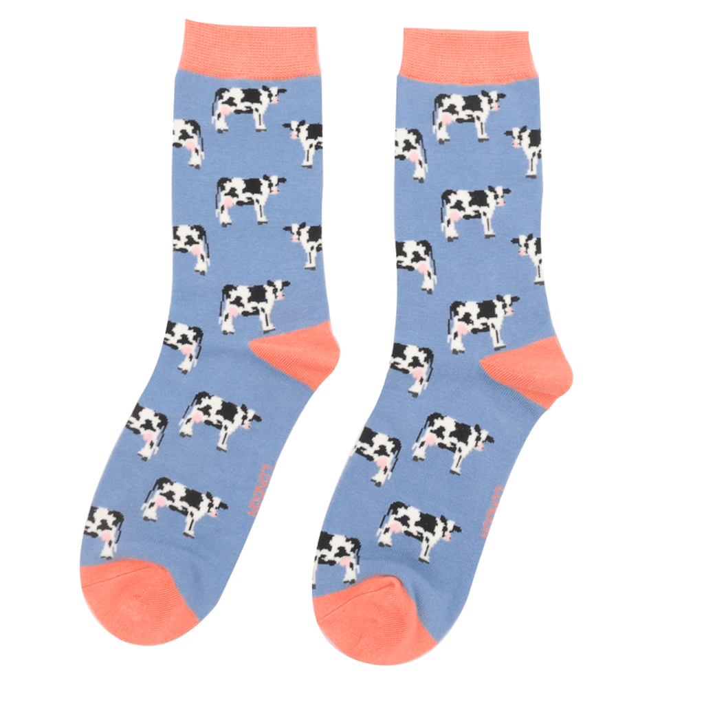 lusciousscarves Miss Sparrow, Cow's Design Bamboo Socks - Blue