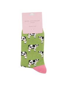 lusciousscarves Miss Sparrow, Cow's Design Bamboo Socks - Green