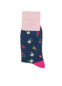 lusciousscarves Miss Sparrow Ditzy Floral Flowers Bamboo Socks - Navy Blue