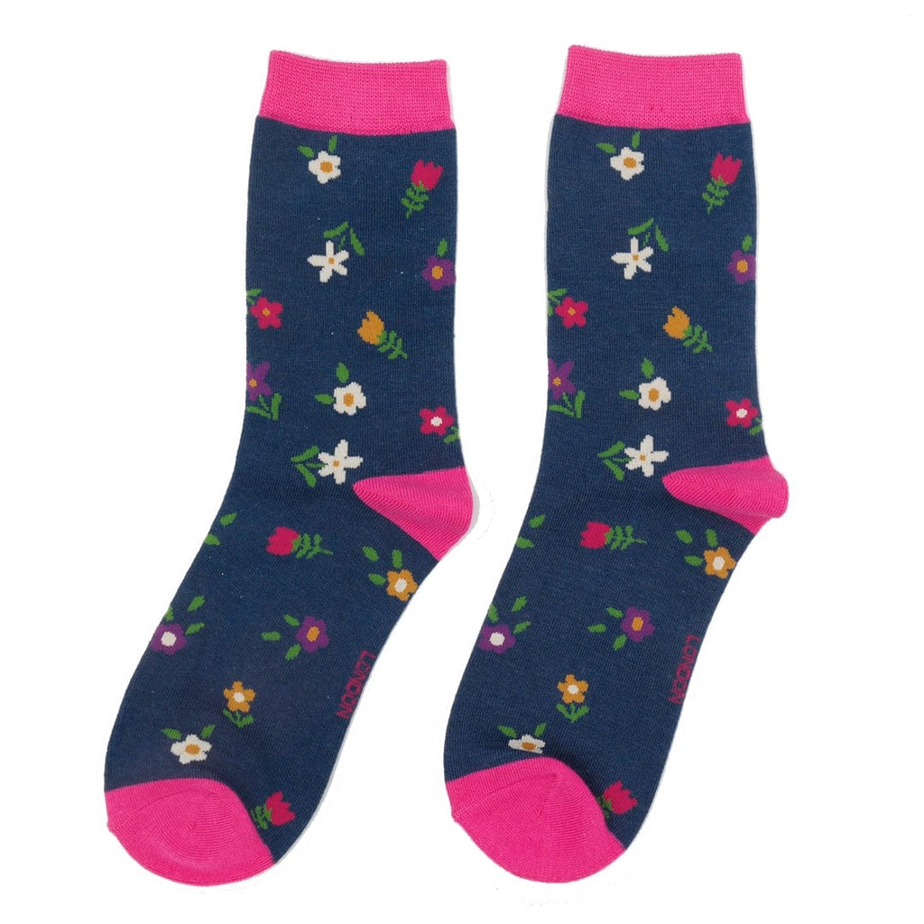 lusciousscarves Miss Sparrow Ditzy Floral Flowers Bamboo Socks - Navy Blue