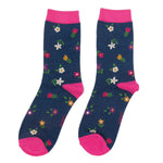Load image into Gallery viewer, lusciousscarves Miss Sparrow Ditzy Floral Flowers Bamboo Socks - Navy Blue
