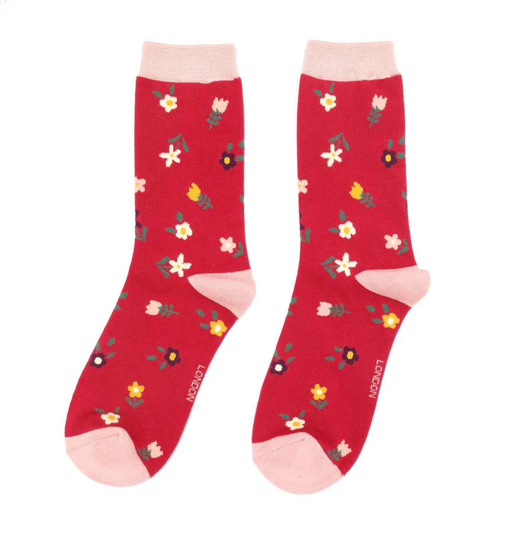 lusciousscarves Miss Sparrow Ditzy Floral Flowers Bamboo Socks - Red