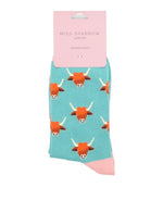 Load image into Gallery viewer, lusciousscarves Miss Sparrow Highland Cows Bamboo Socks, Duck Egg
