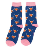 Load image into Gallery viewer, lusciousscarves Miss Sparrow Highland Cows Bamboo Socks, Navy Blue
