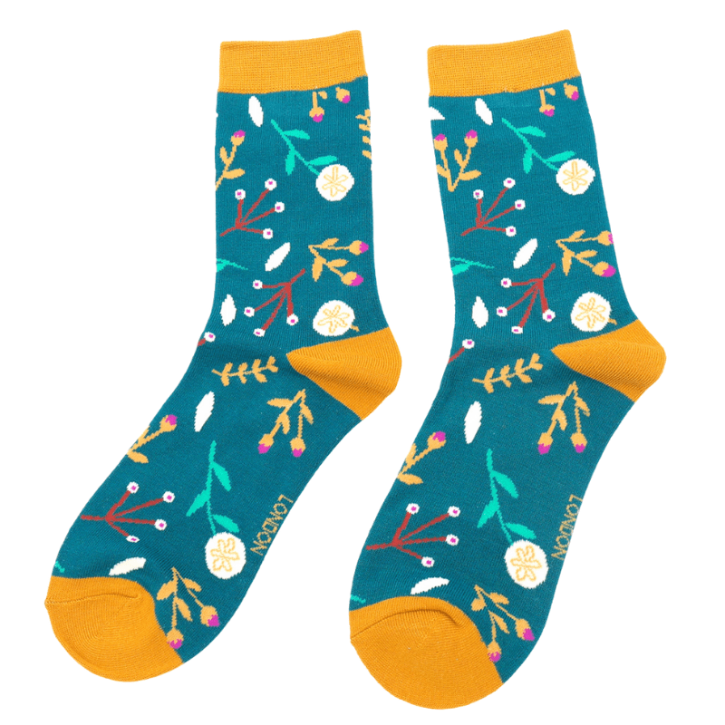 lusciousscarves Miss Sparrow Ladies Bamboo Socks. Floral Design, Teal