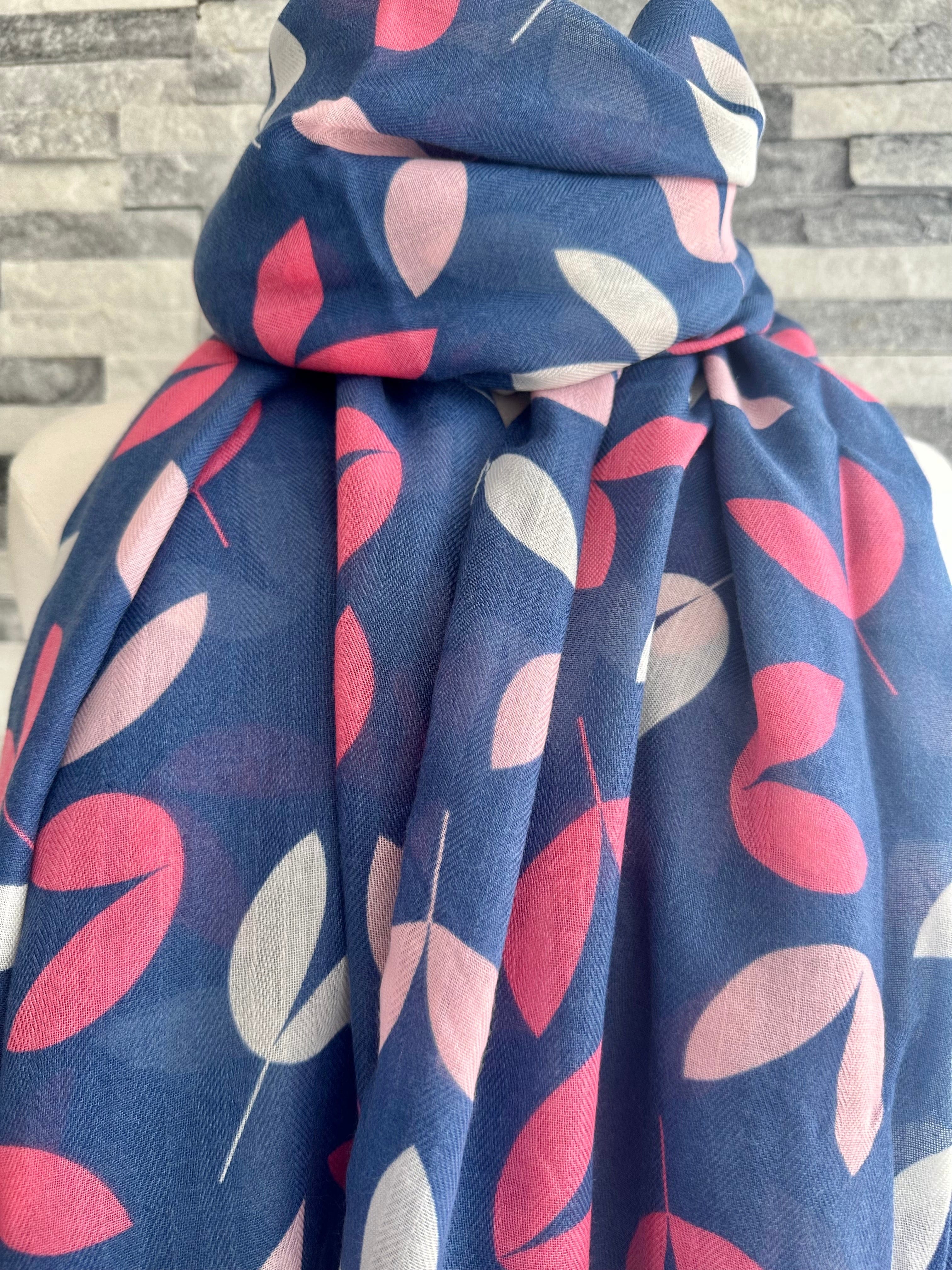 lusciousscarves Miss Sparrow Ladies Blue Scarf with Pink and Grey Leaves