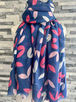 Load image into Gallery viewer, lusciousscarves Miss Sparrow Ladies Blue Scarf with Pink and Grey Leaves
