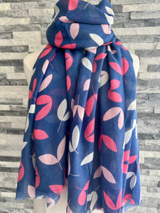 lusciousscarves Miss Sparrow Ladies Blue Scarf with Pink and Grey Leaves