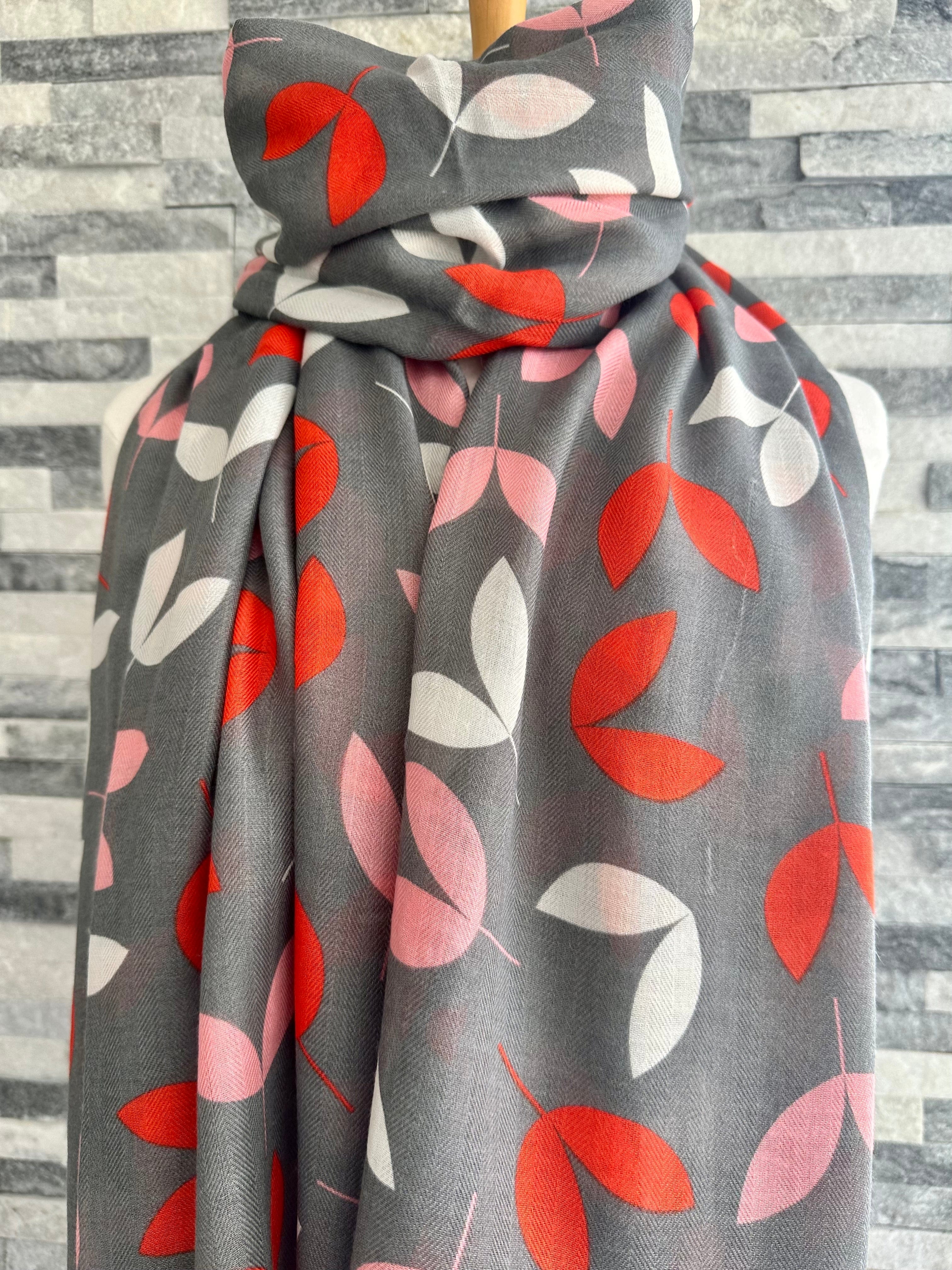 lusciousscarves Miss Sparrow Ladies Grey Scarf with Orange and Pink Leaves