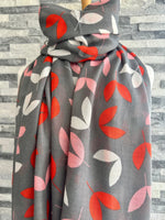 Load image into Gallery viewer, lusciousscarves Miss Sparrow Ladies Grey Scarf with Orange and Pink Leaves
