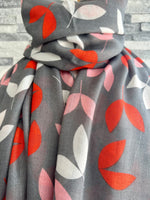 Load image into Gallery viewer, lusciousscarves Miss Sparrow Ladies Grey Scarf with Orange and Pink Leaves
