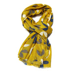 Load image into Gallery viewer, lusciousscarves Miss Sparrow Ladies Mustard Yellow Scarf with Blue and White Leaves
