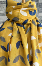 Load image into Gallery viewer, lusciousscarves Miss Sparrow Ladies Mustard Yellow Scarf with Blue and White Leaves
