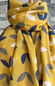 lusciousscarves Miss Sparrow Ladies Mustard Yellow Scarf with Blue and White Leaves