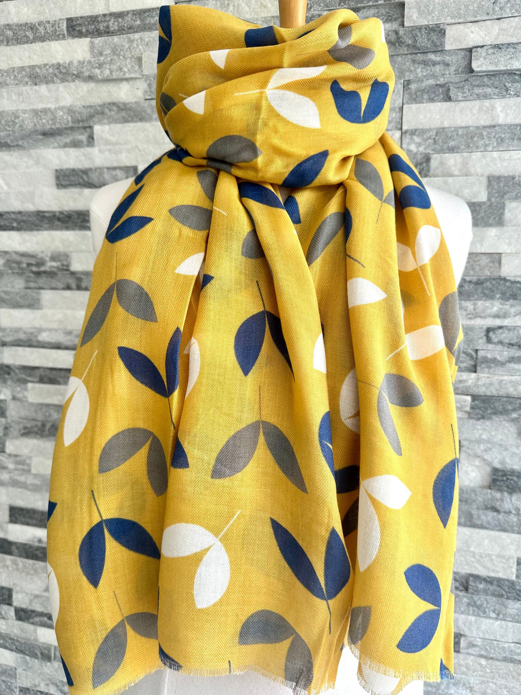 lusciousscarves Miss Sparrow Ladies Mustard Yellow Scarf with Blue and White Leaves