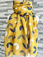 Load image into Gallery viewer, lusciousscarves Miss Sparrow Ladies Mustard Yellow Scarf with Blue and White Leaves
