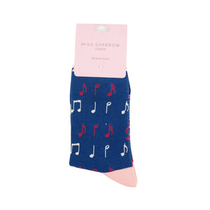 lusciousscarves Miss Sparrow Ladies Socks Music Notes Design, Navy Blue