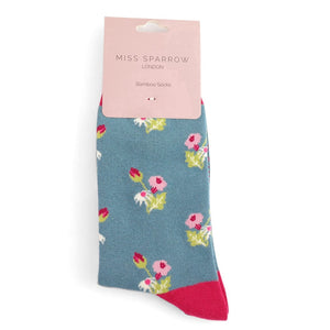 lusciousscarves Miss Sparrow Mini Floral Design Bamboo Socks , Ladies , Blue