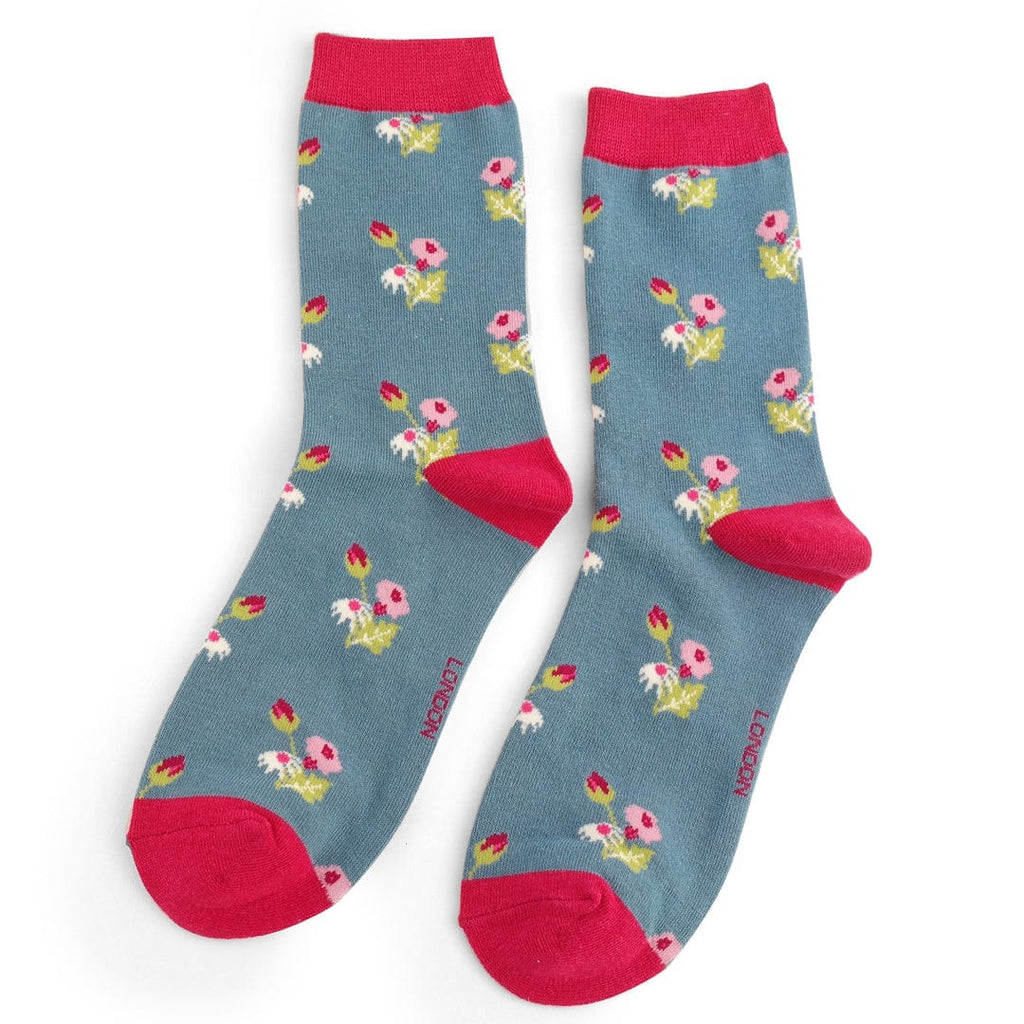 lusciousscarves Miss Sparrow Mini Floral Design Bamboo Socks , Ladies , Blue