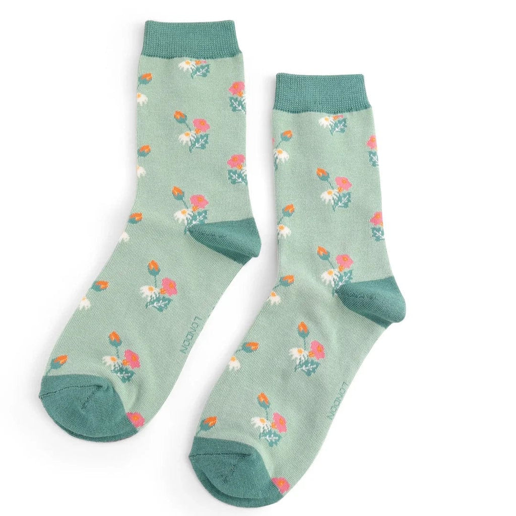 lusciousscarves Miss Sparrow Mini Floral Design Bamboo Socks , Ladies , Duck Egg