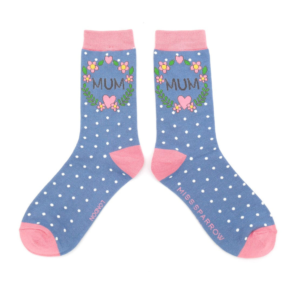 lusciousscarves Miss Sparrow Mum Floral Wreath Bamboo Socks Ladies Blue.