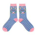 Load image into Gallery viewer, lusciousscarves Miss Sparrow Mum Floral Wreath Bamboo Socks Ladies Blue.

