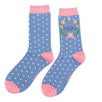 Load image into Gallery viewer, lusciousscarves Miss Sparrow Mum Floral Wreath Bamboo Socks Ladies Blue.
