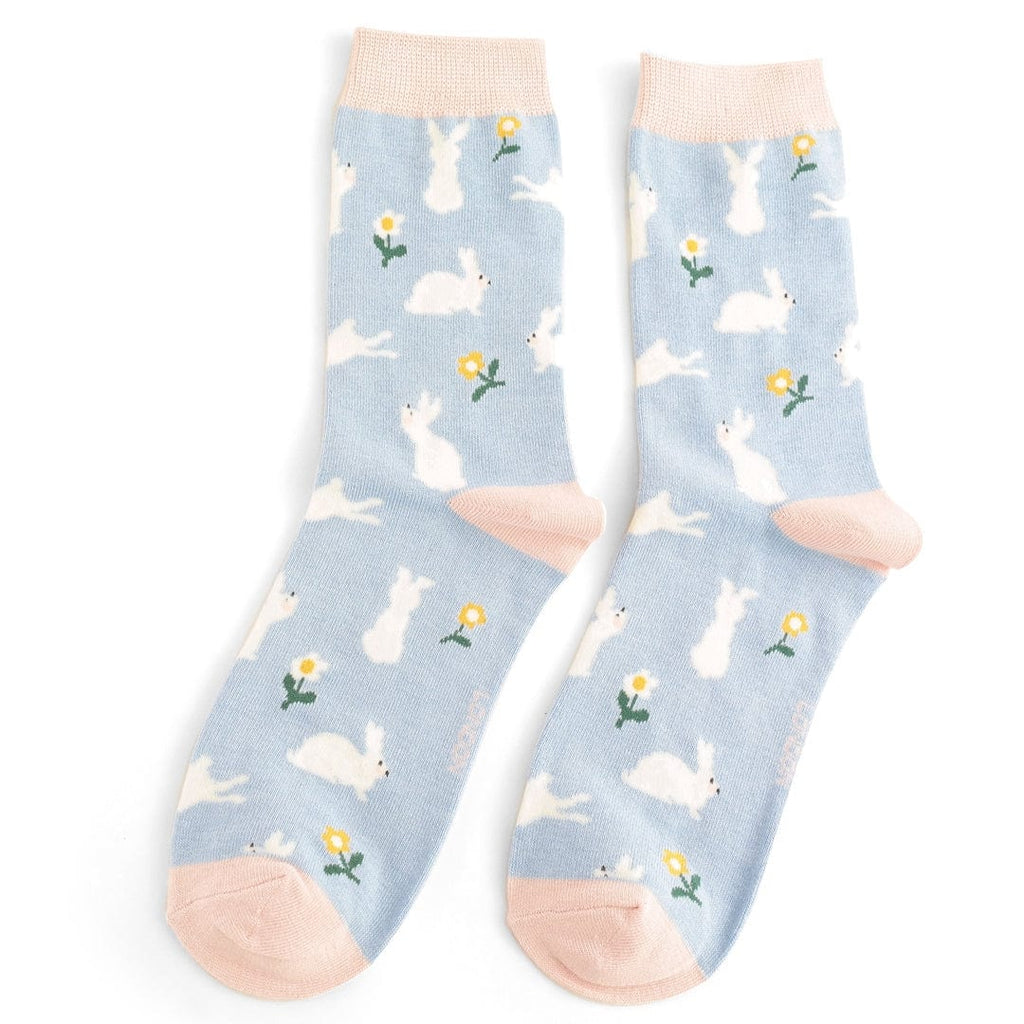 lusciousscarves Miss Sparrow Rabbits and Daises Design Bamboo Socks , Ladies , Powder Blue