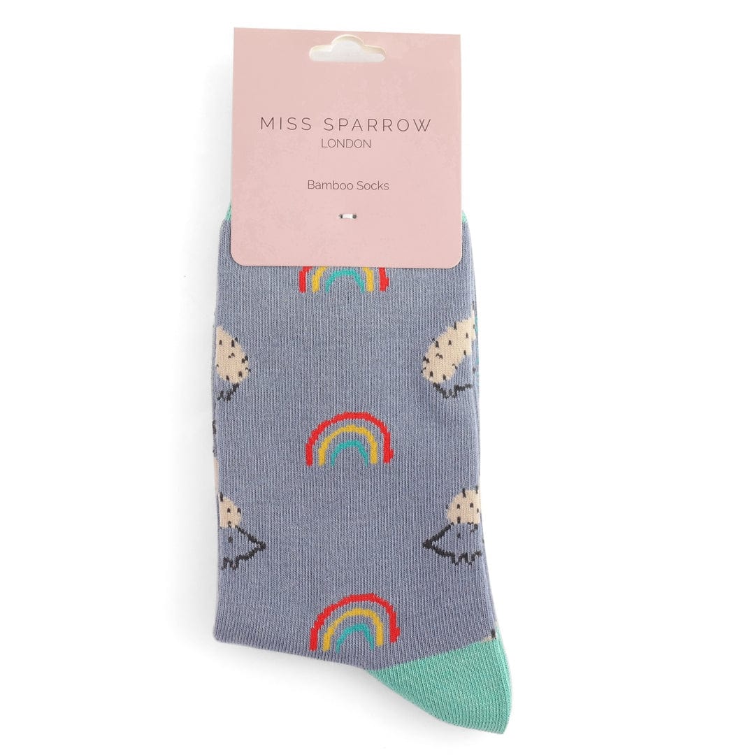 lusciousscarves Miss Sparrow Rainbows and Hedgehogs Design Bamboo Socks , Ladies , Dusky Blue