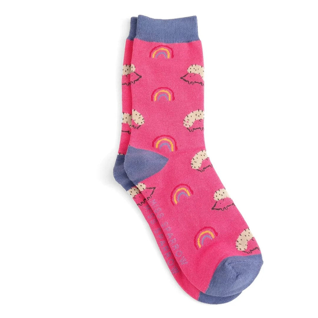 lusciousscarves Miss Sparrow Rainbows and Hedgehogs Design Bamboo Socks , Ladies , Hot Pink