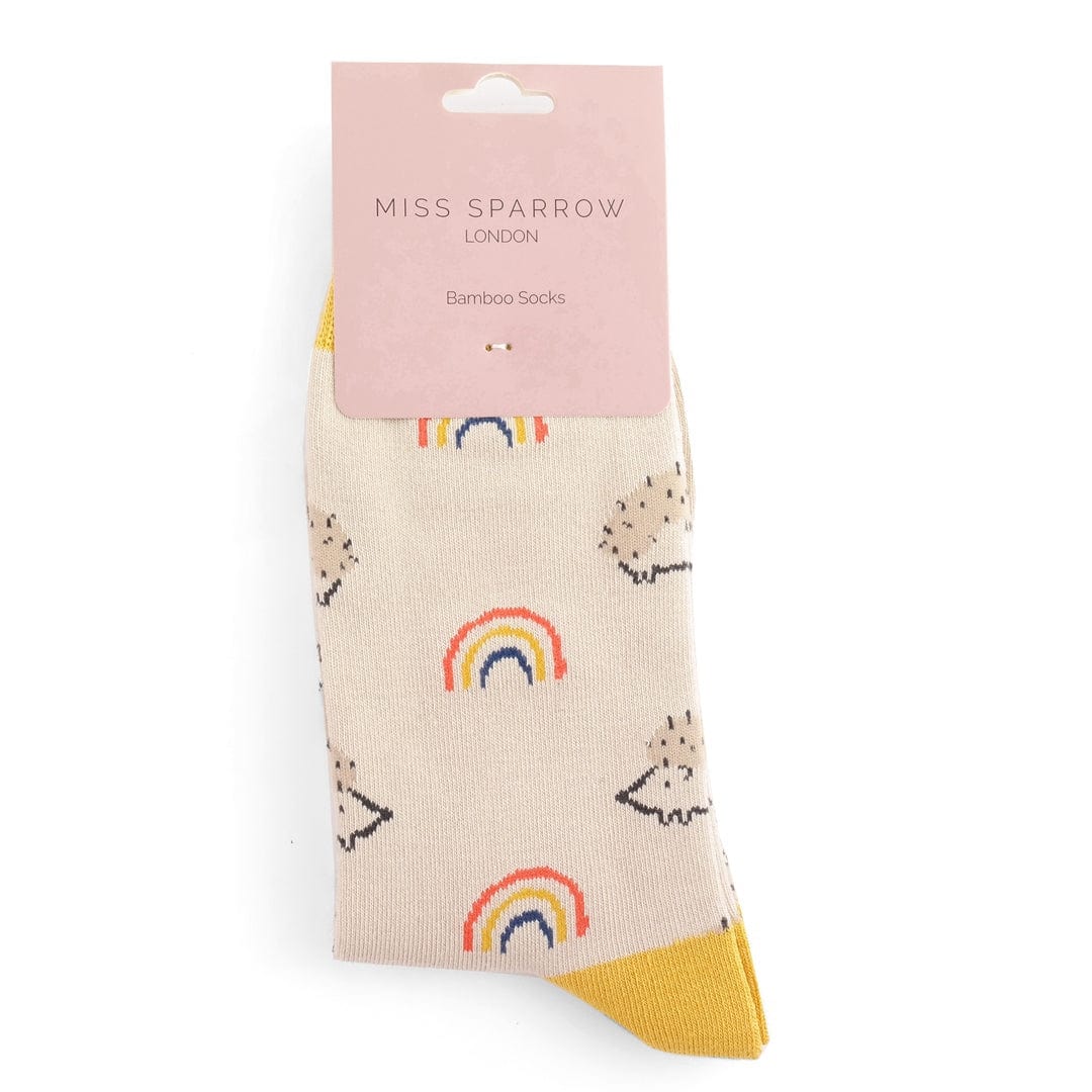 lusciousscarves Miss Sparrow Rainbows and Hedgehogs Design Bamboo Socks , Ladies , Silver