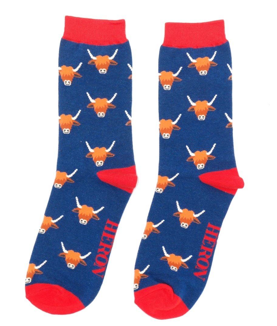 lusciousscarves Mr Heron Highland Cow Bamboo Socks, Navy