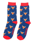 Load image into Gallery viewer, lusciousscarves Mr Heron Highland Cow Bamboo Socks, Navy

