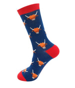 Load image into Gallery viewer, lusciousscarves Mr Heron Highland Cow Bamboo Socks, Navy
