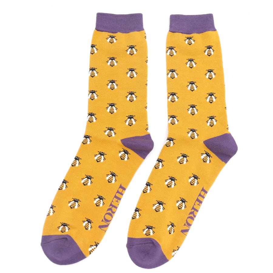 lusciousscarves Mr Heron Honey Bee's Design Bamboo Socks , Men's Mustard