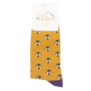 lusciousscarves Mr Heron Honey Bee's Design Bamboo Socks , Men's Mustard