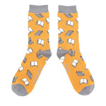 Load image into Gallery viewer, lusciousscarves Mr Heron Men&#39;s Bamboo Socks Books Design Mustard
