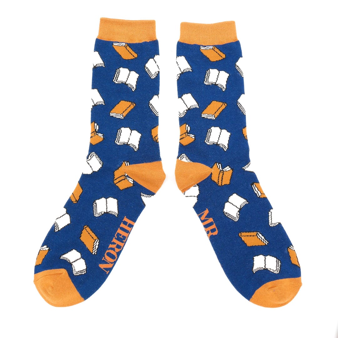 lusciousscarves Mr Heron Men's Bamboo Socks Books Design Navy