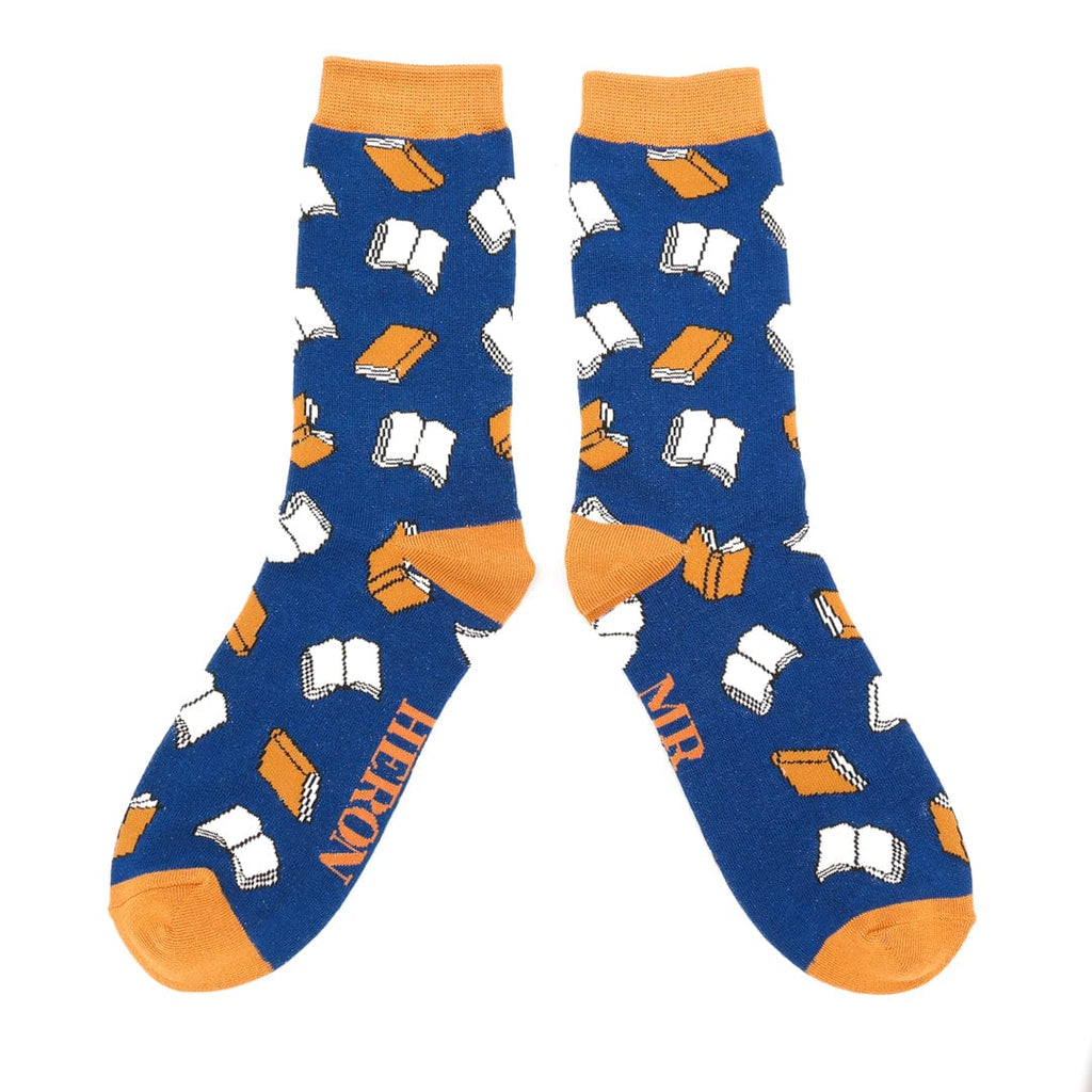 lusciousscarves Mr Heron Men's Bamboo Socks Books Design Navy