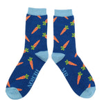 Load image into Gallery viewer, lusciousscarves Mr Heron Navy Blue Bamboo Socks with Carrots Design.
