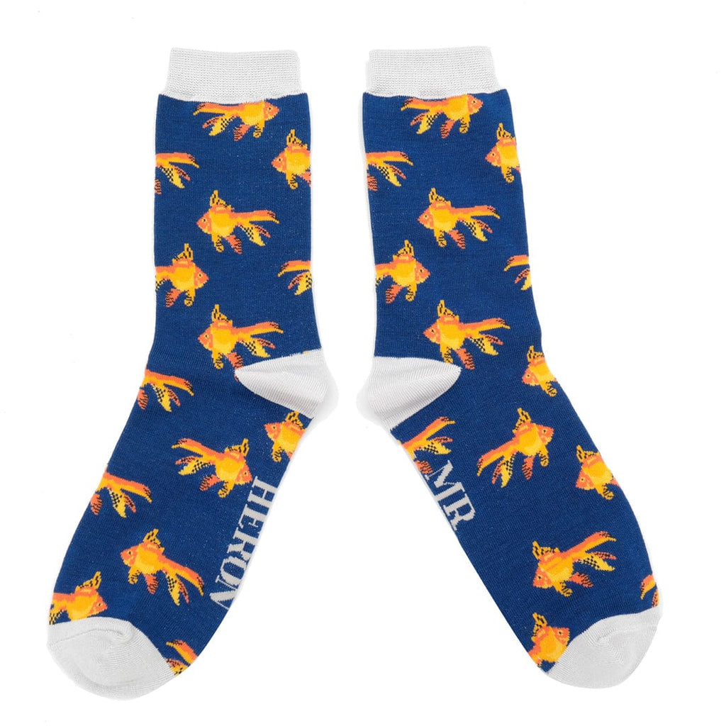 lusciousscarves Mr Heron Navy Goldfish Bamboo Socks.