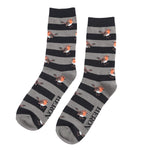Load image into Gallery viewer, lusciousscarves Mr Heron Robin&#39;s and Stripes Design Bamboo Socks , Men&#39;s Black and Grey
