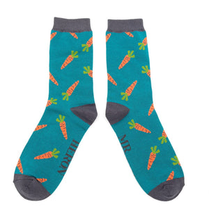 lusciousscarves Mr Heron Teal Bamboo Socks with Carrots Design.